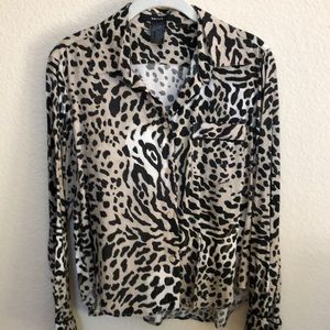 Smythe Black and Beige Animal Print Button-Up Blouse